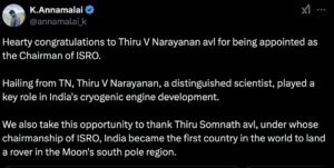 Tamil Nadu , BJP Chief K Annamalai, offering his best wishes to new ISRO Chairman